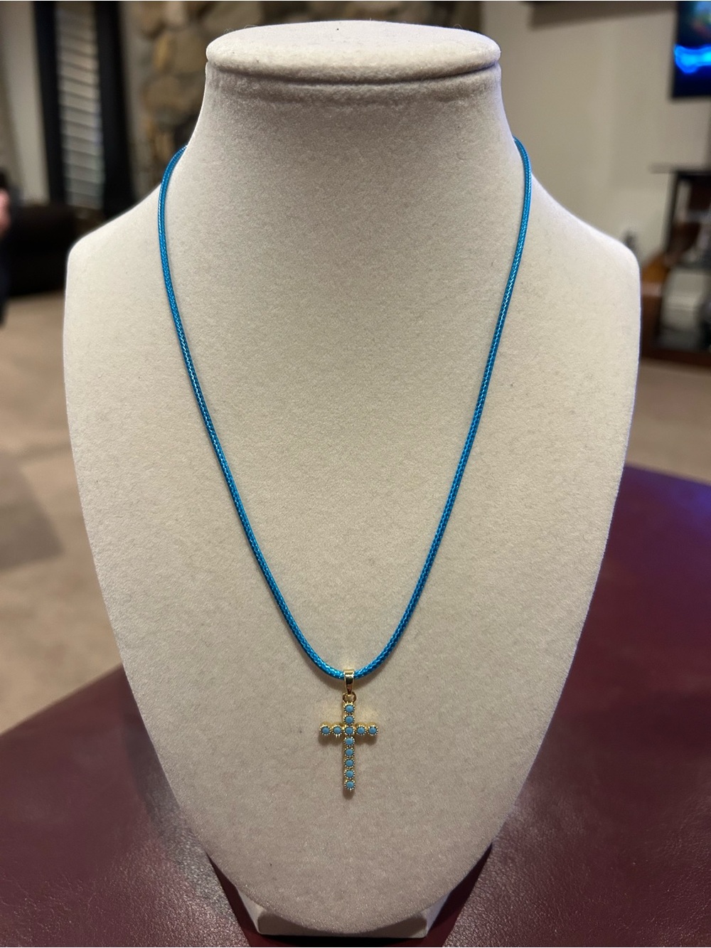 Adina Eden Gold Cross Pendant with Turquoise Stones on 17 To 19” Blue Cord - Picture 4 of 6
